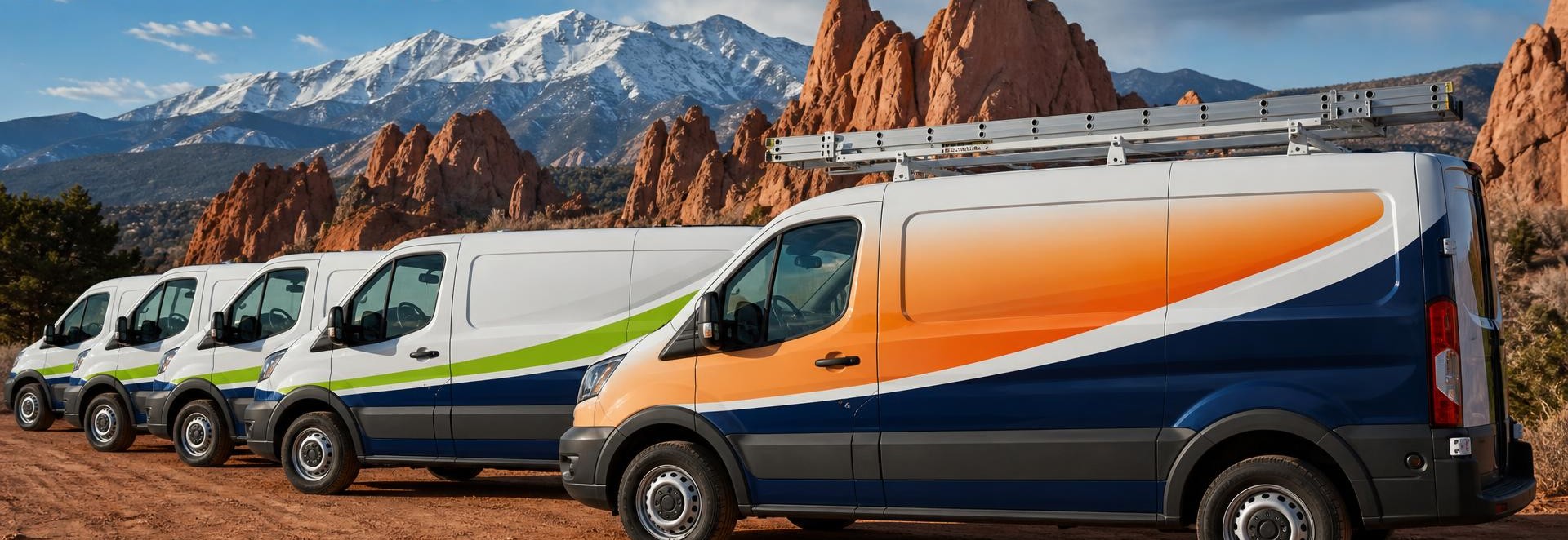 Winterrowd service vans parked in front of the red rocks and Pikes Peak in Colorado Springs